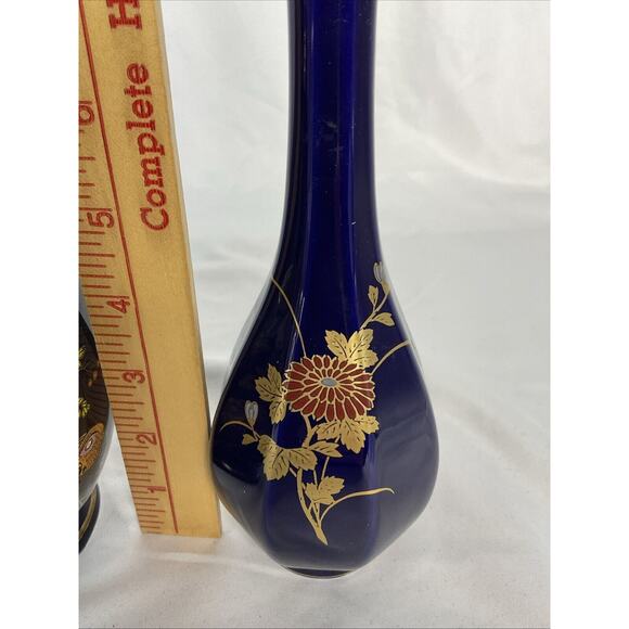 VTG ASIAN DARK BLUE COBALT VASES FLORAL PHEASANT BIRD MOTIFS - Picture 3 of 8